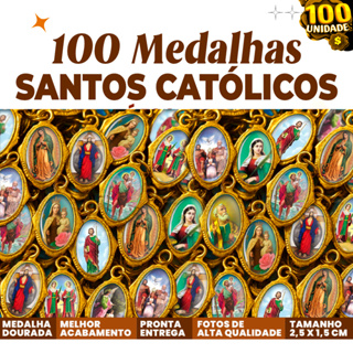 100 Unidades - Medalha Católica Dourada: Escolha entre Vários Santos em Chapa Resinada para sua Devoção e Proteção em Oferta na Shopee