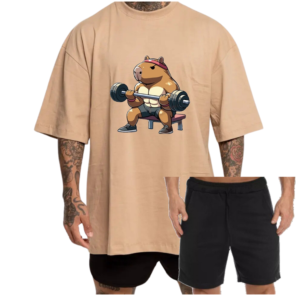 Conjunto Camiseta Oversized Preta Gym Rat + Bermuda Moletom Branca ou Preta Streetwear Algodão