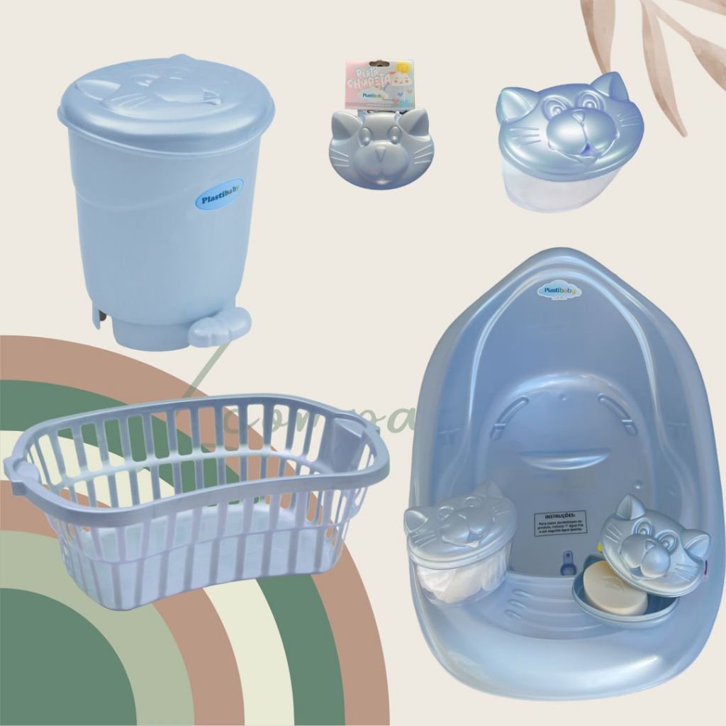 Banho bebe Banheira 22 Litros com Porta algodão lixeira tampa e pedal saboneteira baby infantil