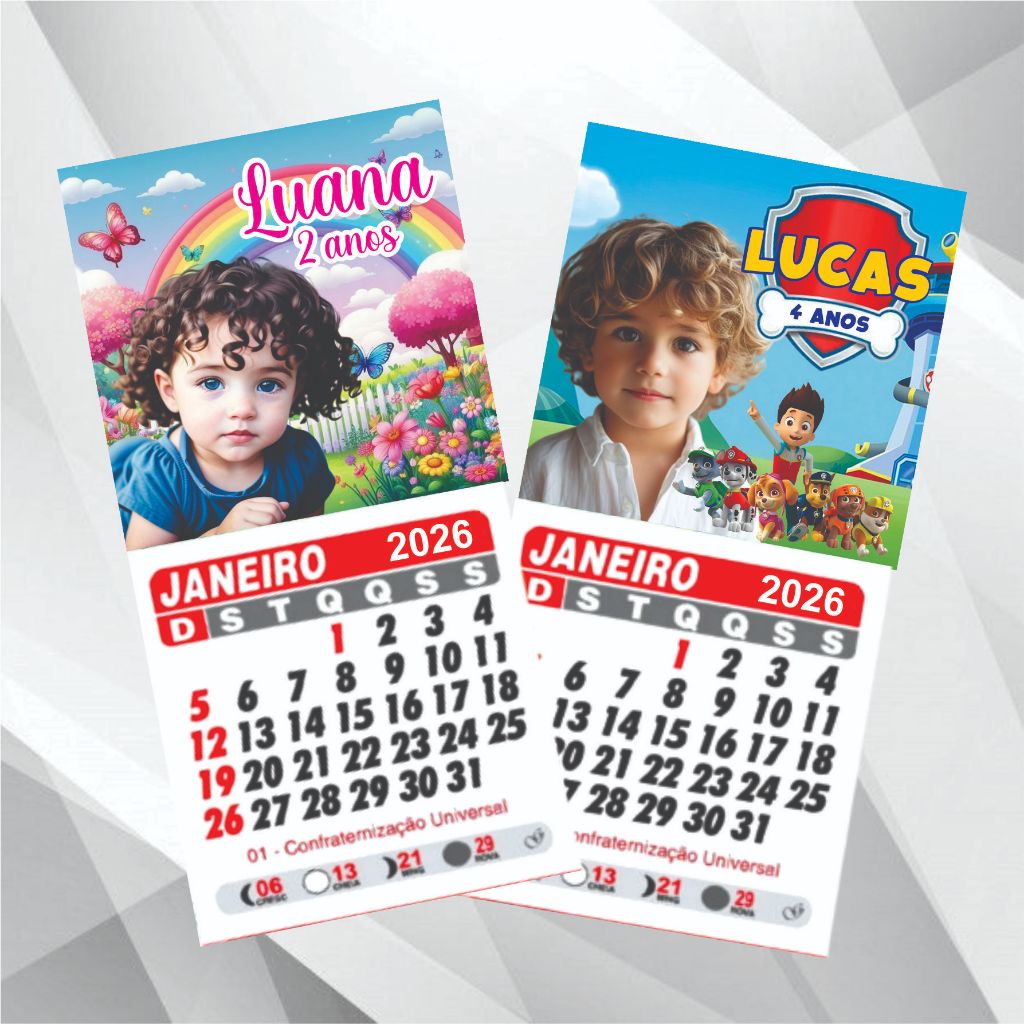 40 Mini Calendários 2026 Ima de Geladeira Personalizado - Com foto - Lembrancinha Papelaria Festa Infantil/Aniversário