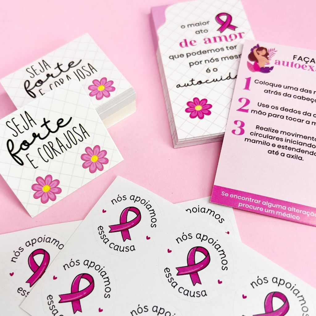Kit 130 Itens Outubro Rosa Cartão, Tag e Adesivo Lembrancinha Pronta Entrega
