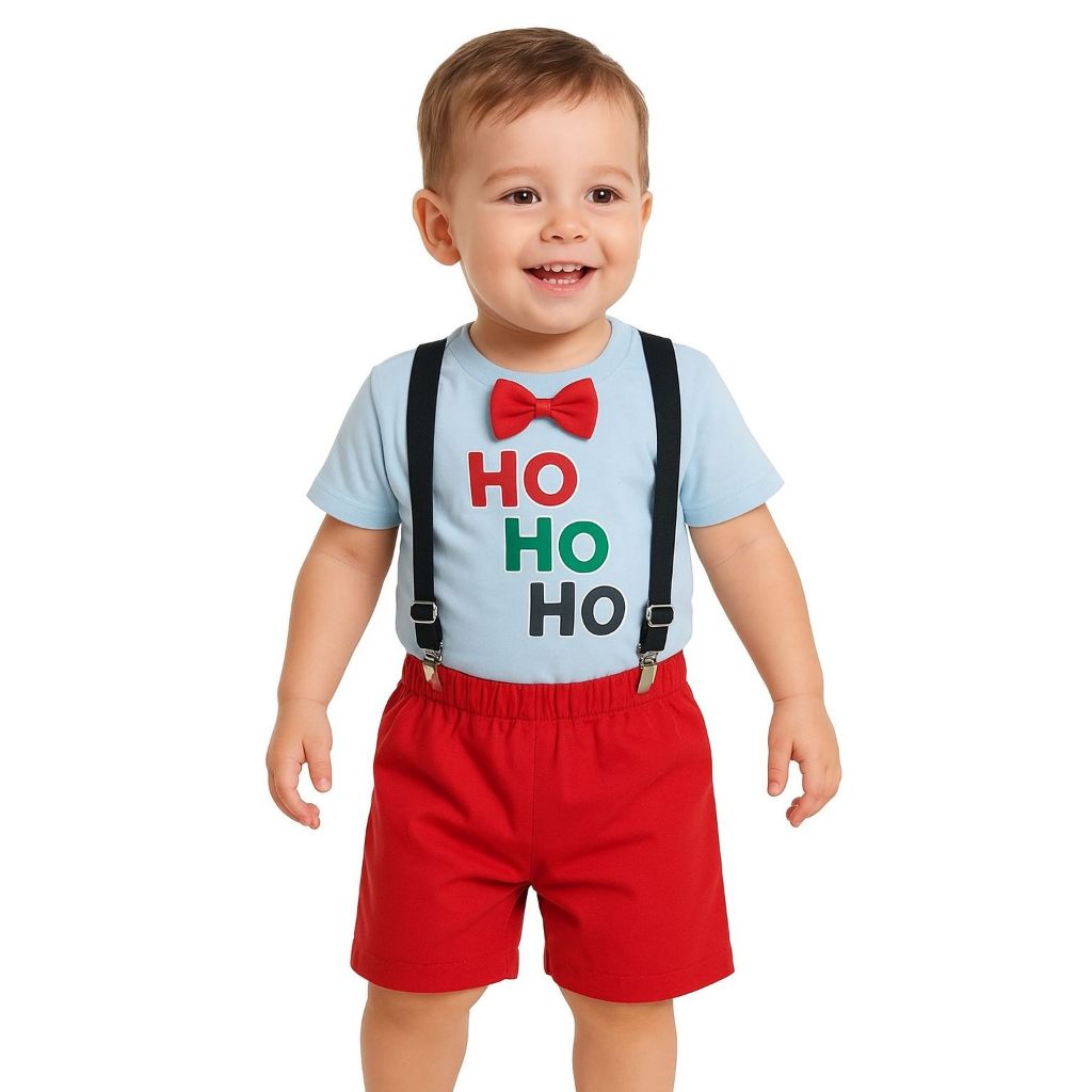 Roupa De Natal Bebê Menino Conjunto Infantil Festa Natal Ensaio Fotos Camiseta, Shorts e Suspensório Natalino