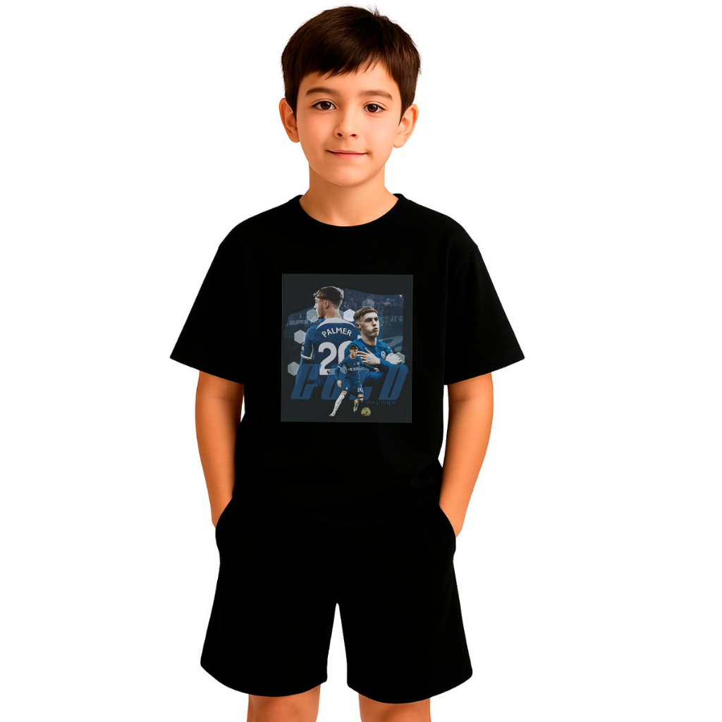 Kit Infantil 2 Peças Com 1 Camisa Camiseta e 1 Short Moletom Palmer Chelsea Jogador Futebol Conjunto Infantil