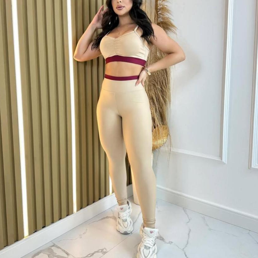 CONJUNTO FITNESS FEMININO BICOLOR TOP CALÇA CINTURA ALTA