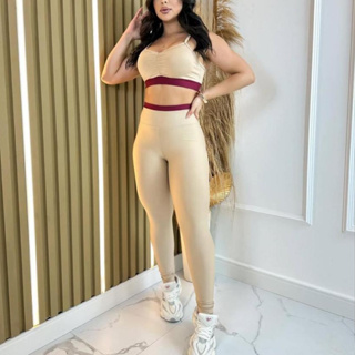 CONJUNTO FITNESS FEMININO BICOLOR TOP CALÇA CINTURA ALTA em Oferta na Shopee