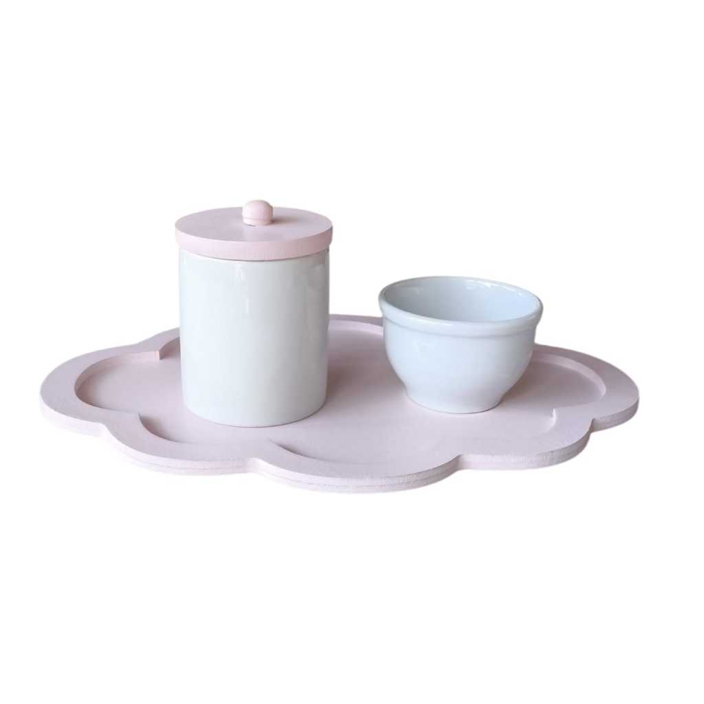 Kit Higiene bebê Porcelana pote porta algodão cotonete tampa bandeja mdf rosa menina maternidade molhadeira