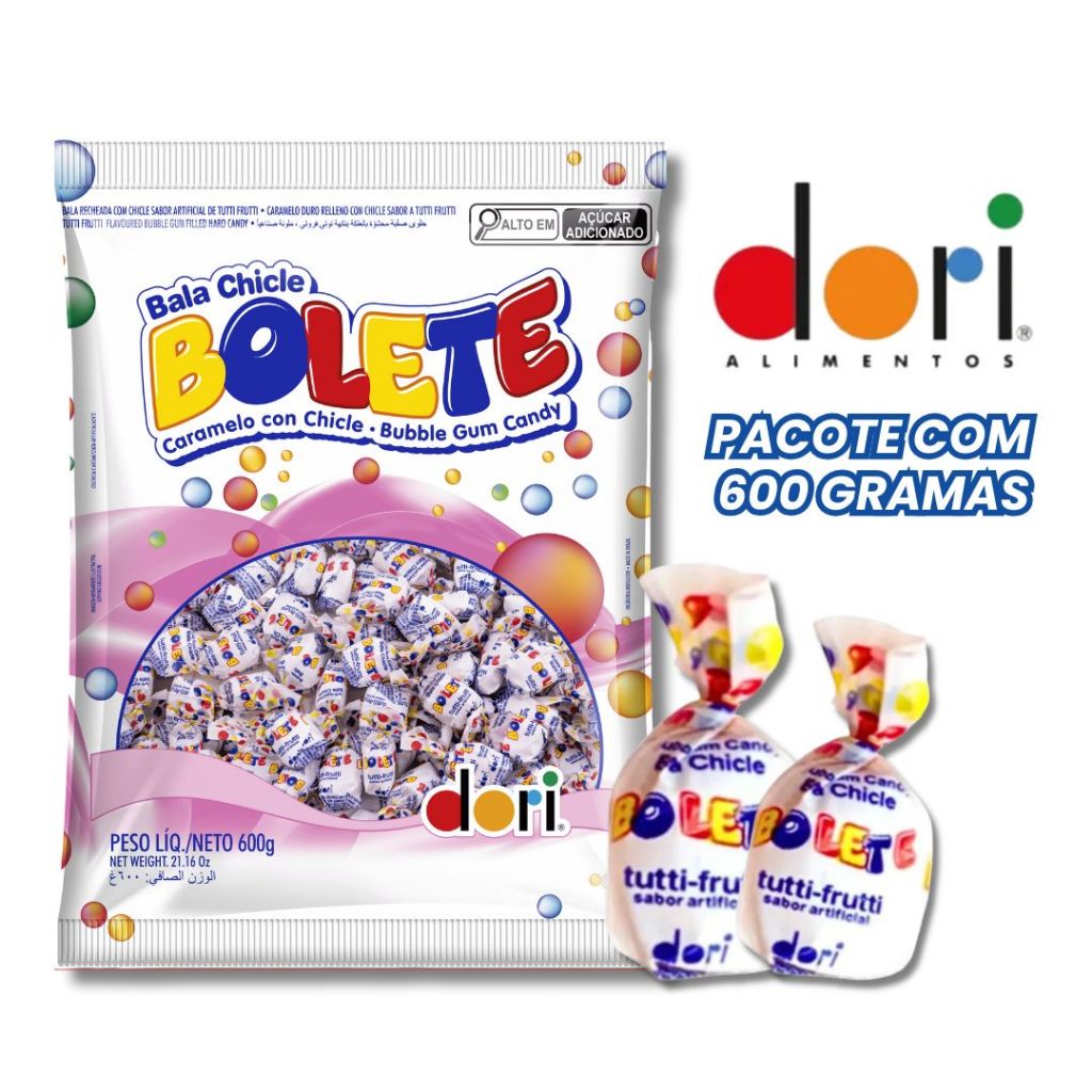 Bala Dori Recheada Bolete Sabor TuttiFrutti com Recheio de Chiclete Pacote com 600g