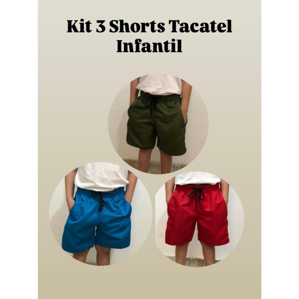 Kit 3 Short Infantil menino e Juvenil Masculino Tactel Com 2 bolsos Frontais Bermuda Casual 4/6/8/10/1/12/14