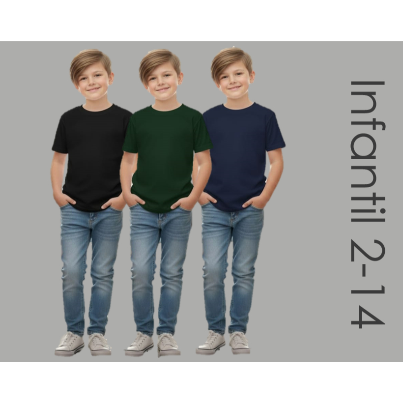 Kit 3 Camiseta Infantil 100% Algodão do 2 ao 14 Criança Básica Lisa Masculino e Feminino Unissex