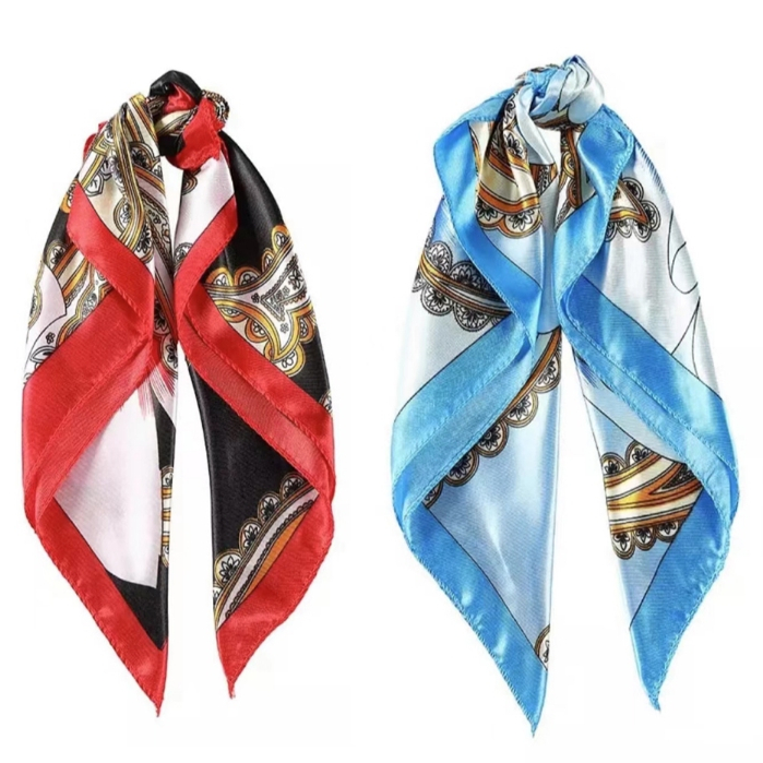 Lenço Feminino Quadrado 50x50cm Cetim Toque de Seda Estampa Paisley com Flores Bordas Contrastantes