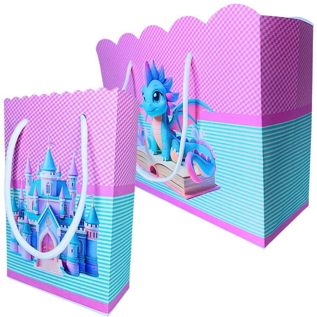 Sacolinha Personalizada Dragao Rosa e Verde Sacolinhas para Lembrancinha de Aniversário Infantil Sacolas Bolsa
