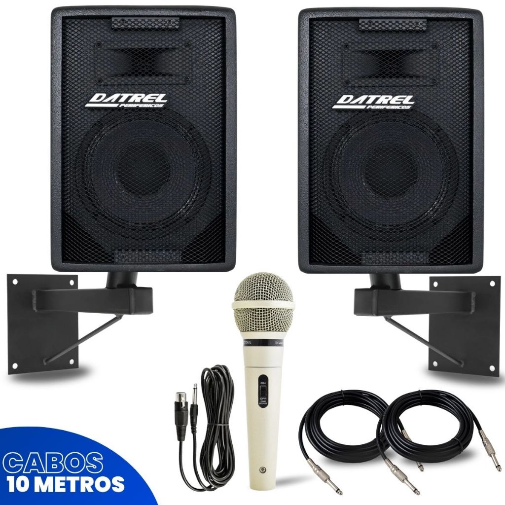 Kit 2 Caixas Som 300W Ativa Passiva Bluetooth + Microfone c/ Fio + 2 Suportes de Parede + Cabos P10 Profissional