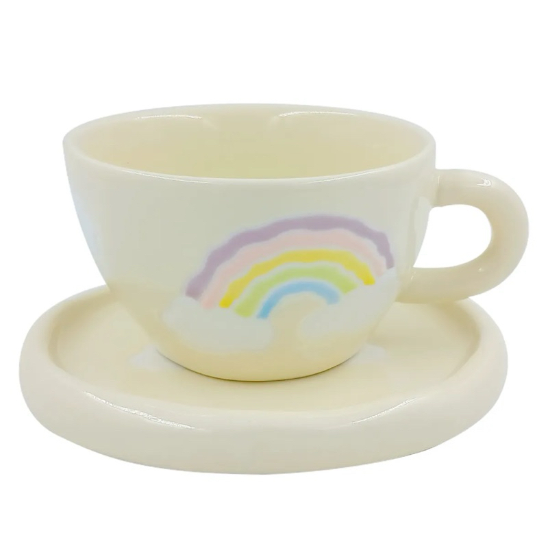 Caneca Arco Íris C/ Pires 250ml Em Cerâmica/ Xícara/ Tumbrl/ Presente/ Pinterst