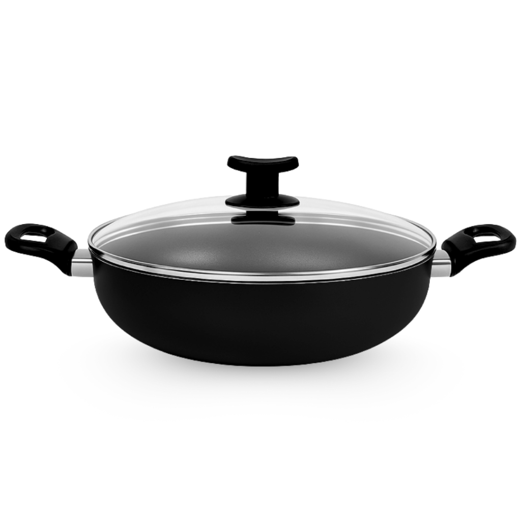 Panela Tacho P/ Paella Risoto Moqueca 28 Cm Tampa Vidro Temperado Antiaderente Preta Teflon