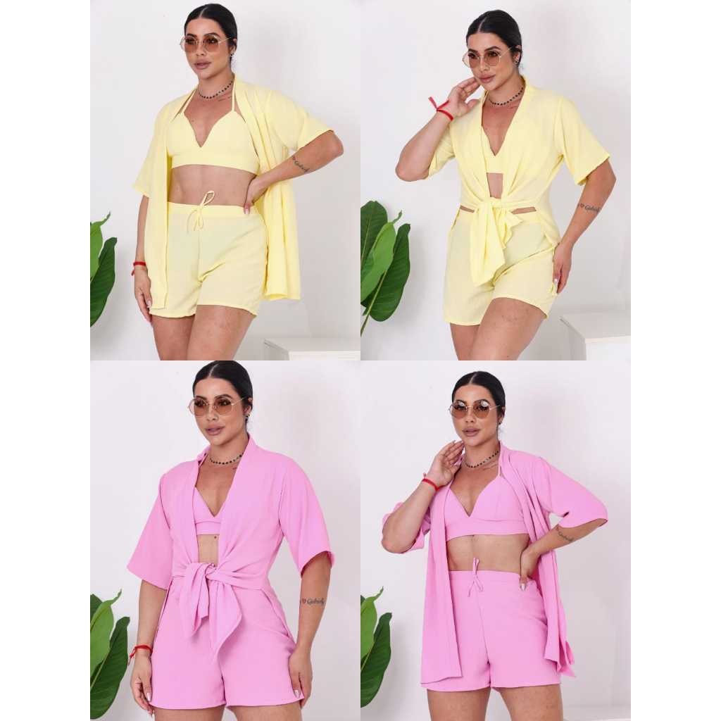 Conjunto feminino kimono 3 peças verão top+ kimono+ short em Oferta na Shopee