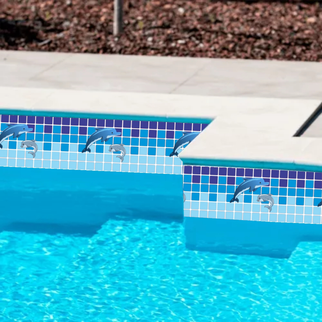20 METROS - ADESIVO PARA BORDA DE PISCINA - PASTILHAS AZUL COM GOLFINHO (CIMA) - ADESIVO AUTOCOLANTE