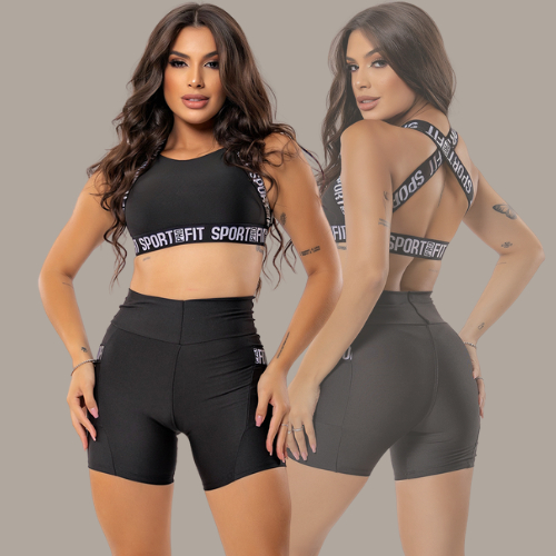 Roupa de Academia Fitness Conjunto de Ginástica Short + Top Feminina com Bolso em Oferta na Shopee