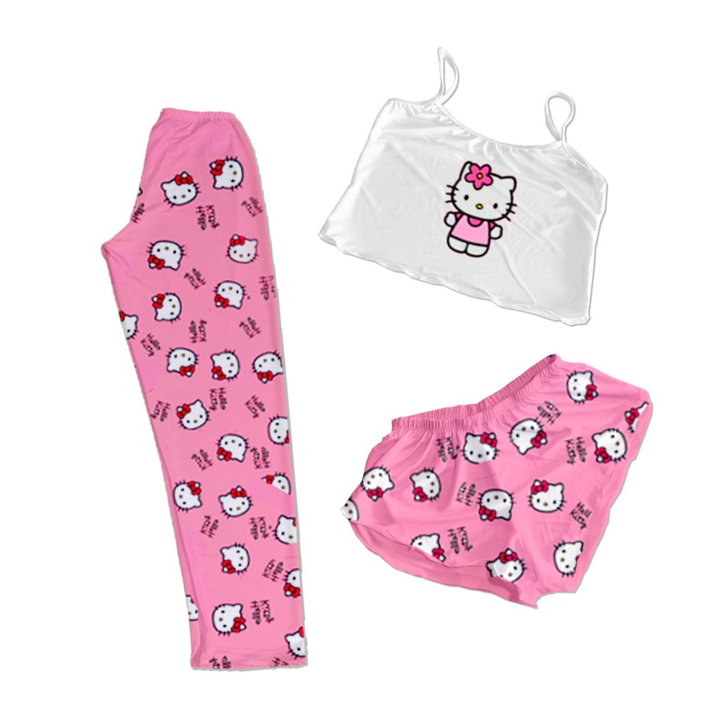 CONJUNTO PIJAMA 3 PEÇAS CALÇA SHORTS E CROPPED PERSONAGENS PINK