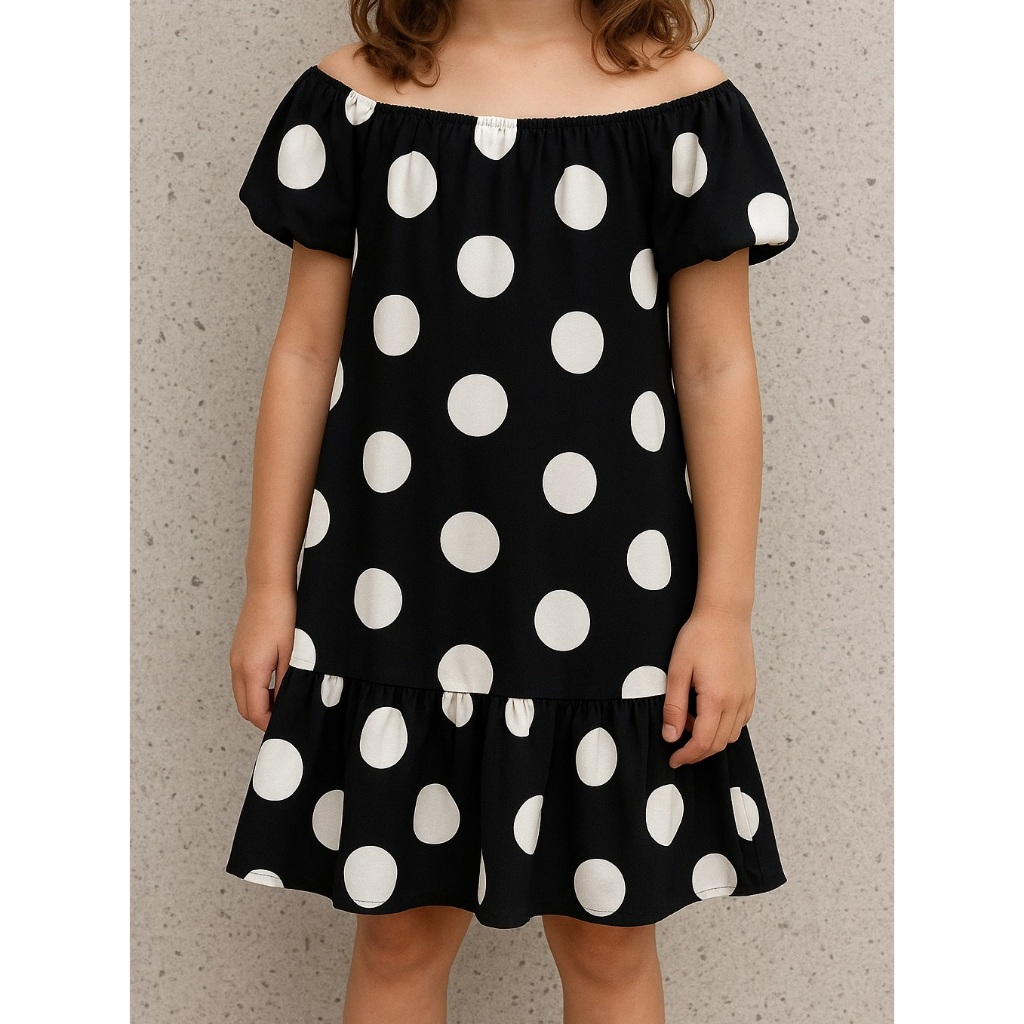 Vestido Meninas Infantil de Bolinha Poá - Preto e branco Viscose