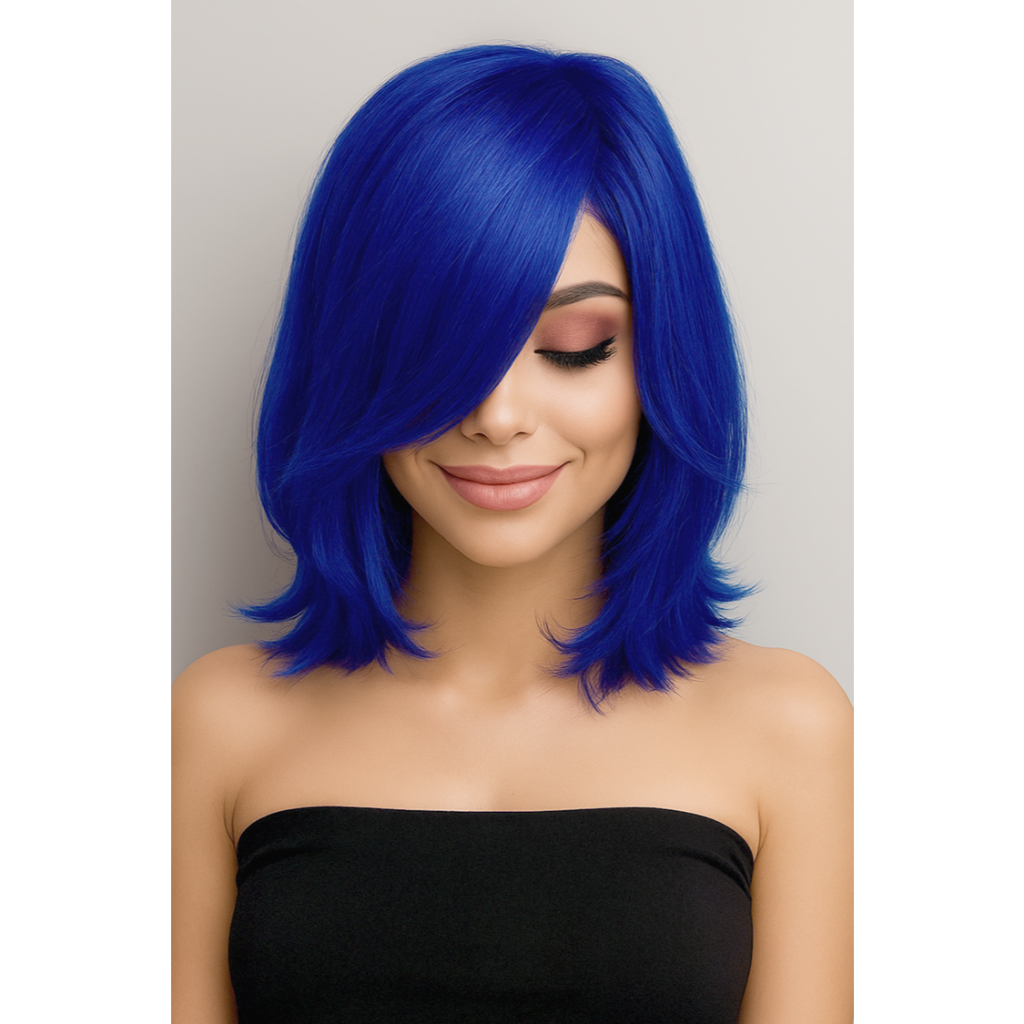 Peruca Wig Fibra Bio Orgânica Curta Com Franja Cor Azul Royal em Oferta na Shopee