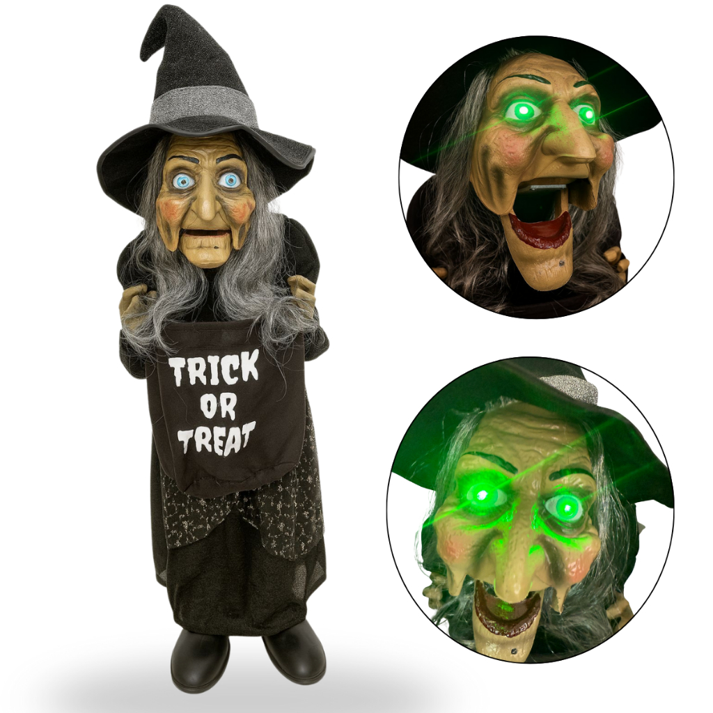 Bruxa Grande Eletrônica Decoração Realista Halloween Luz nos Olhos Fala Mexe a Boca e dá Risada