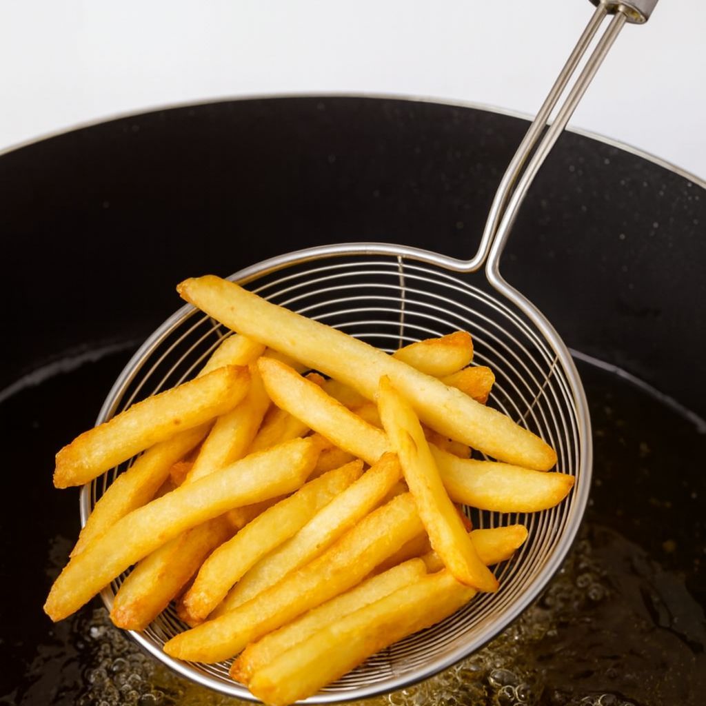 Kit Utensílios De Fritura Inox Ideal Para Cozinha Espátula Vazada Escumadeira e Peneira e Legumes