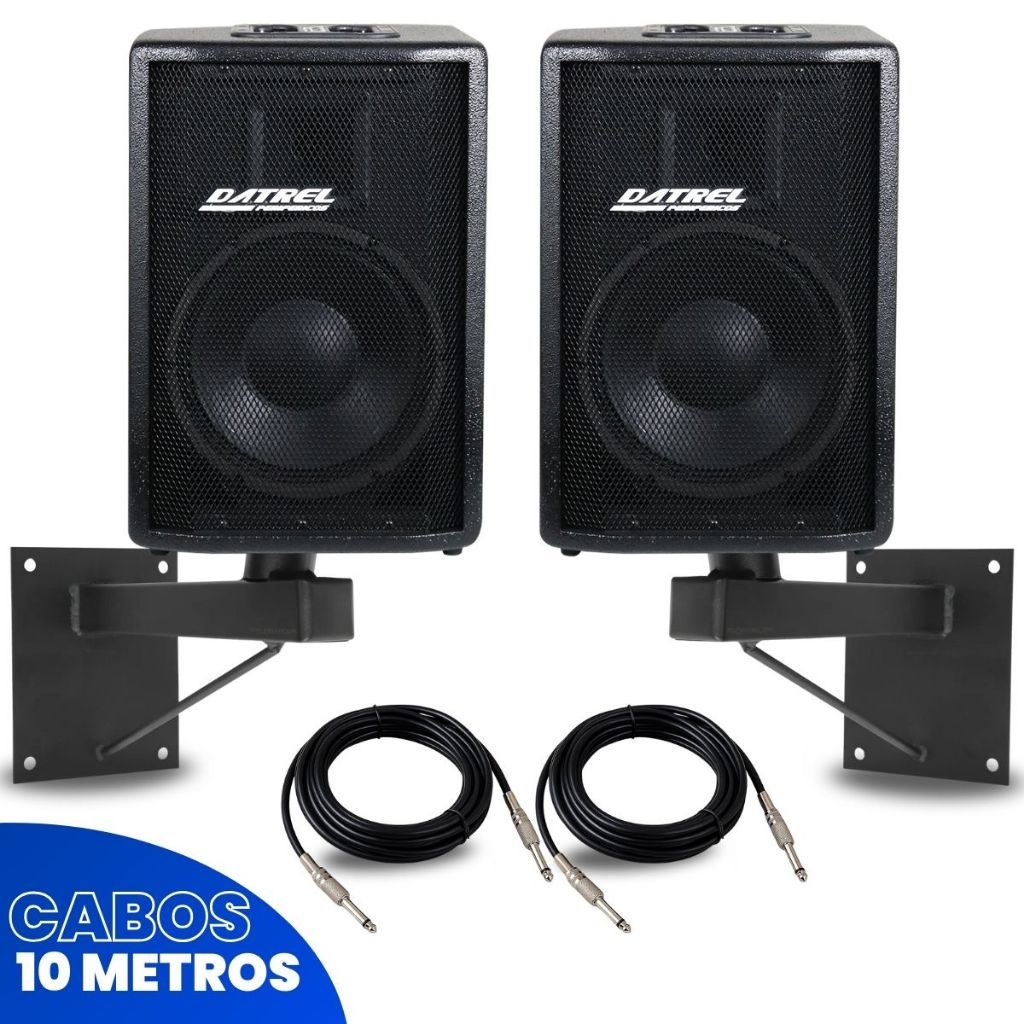 Kit 2 Caixas de Som Datrel 400W Watts RMS 10 Ativa Passiva Amplificada Profissional + 2 Suportes de Parede + Cabos P10