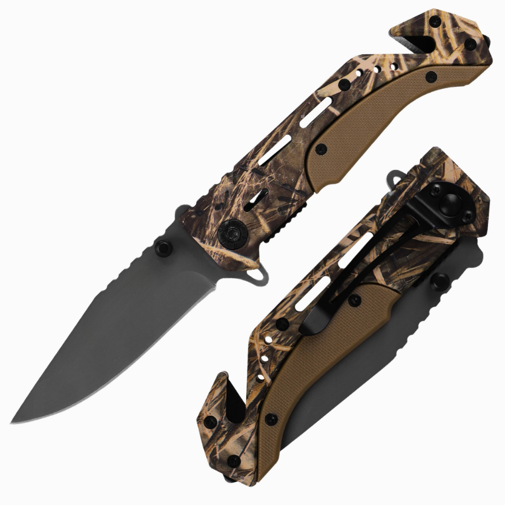 Canivete Tático Dobrável de Caça e Pesca C139G3 Lâmina de Aço com Cabo Camuflado e Clip de Bolso