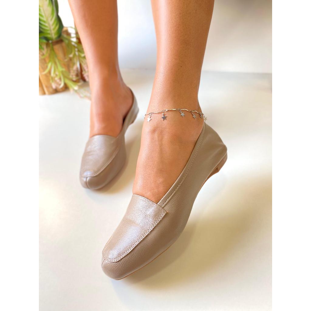 Mocassim Feminino Cinza Couro Legítimo Confort Sapatilha Bico Quadrado Marca Nilza Camargos