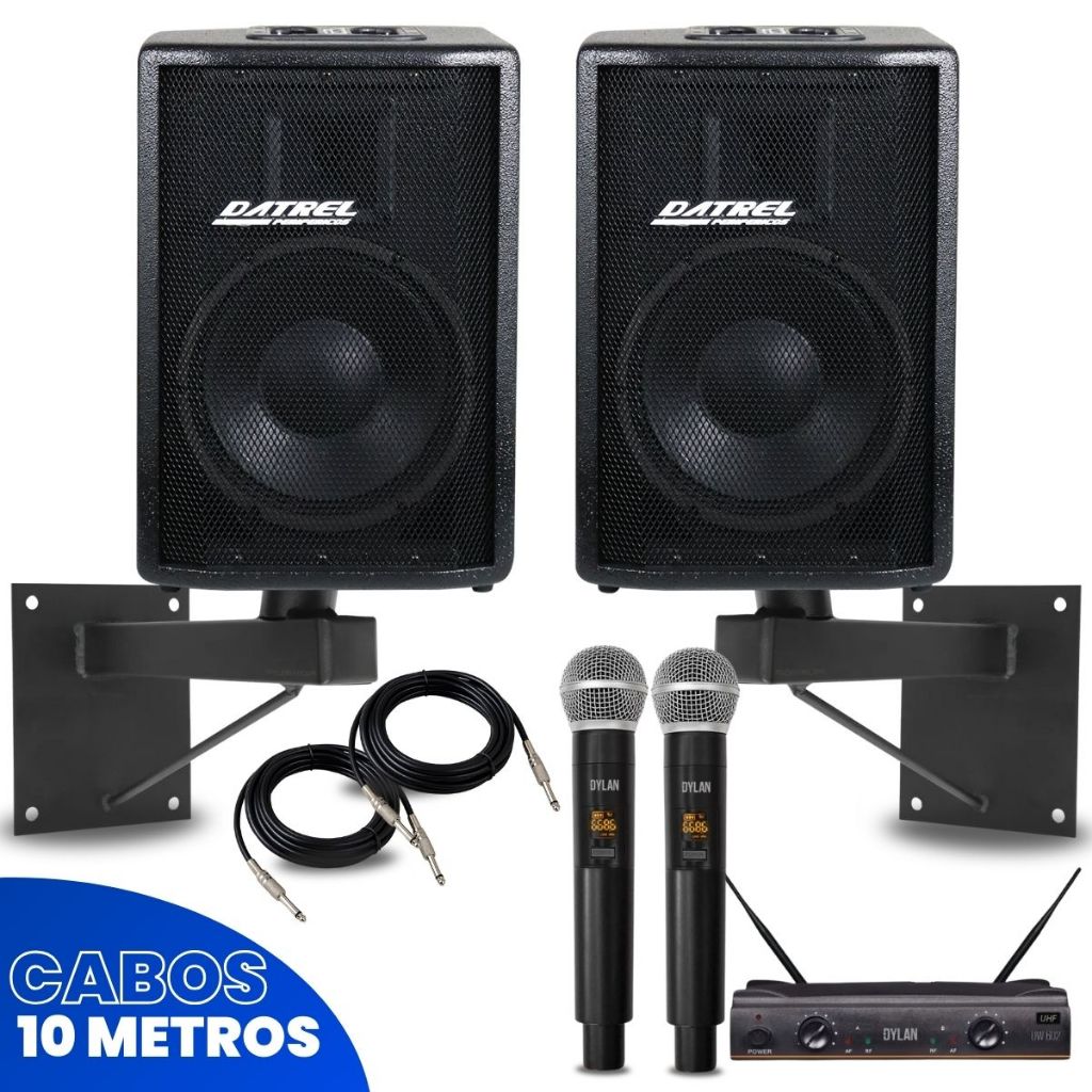 Kit 2 Caixa Som 400w Ativa Passiva 10 Polegadas Acustica Profissional + Microfone Duplo Dylan Sem Fio + Suportes Parede