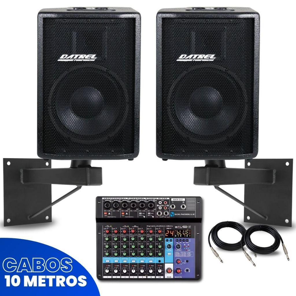 Kit 2 Caixas de Som 400W Ativa Passiva 10 + Mesa 8 Canais Profissional Bluetooth + 2 Suportes Parede + 2 Cabos P10