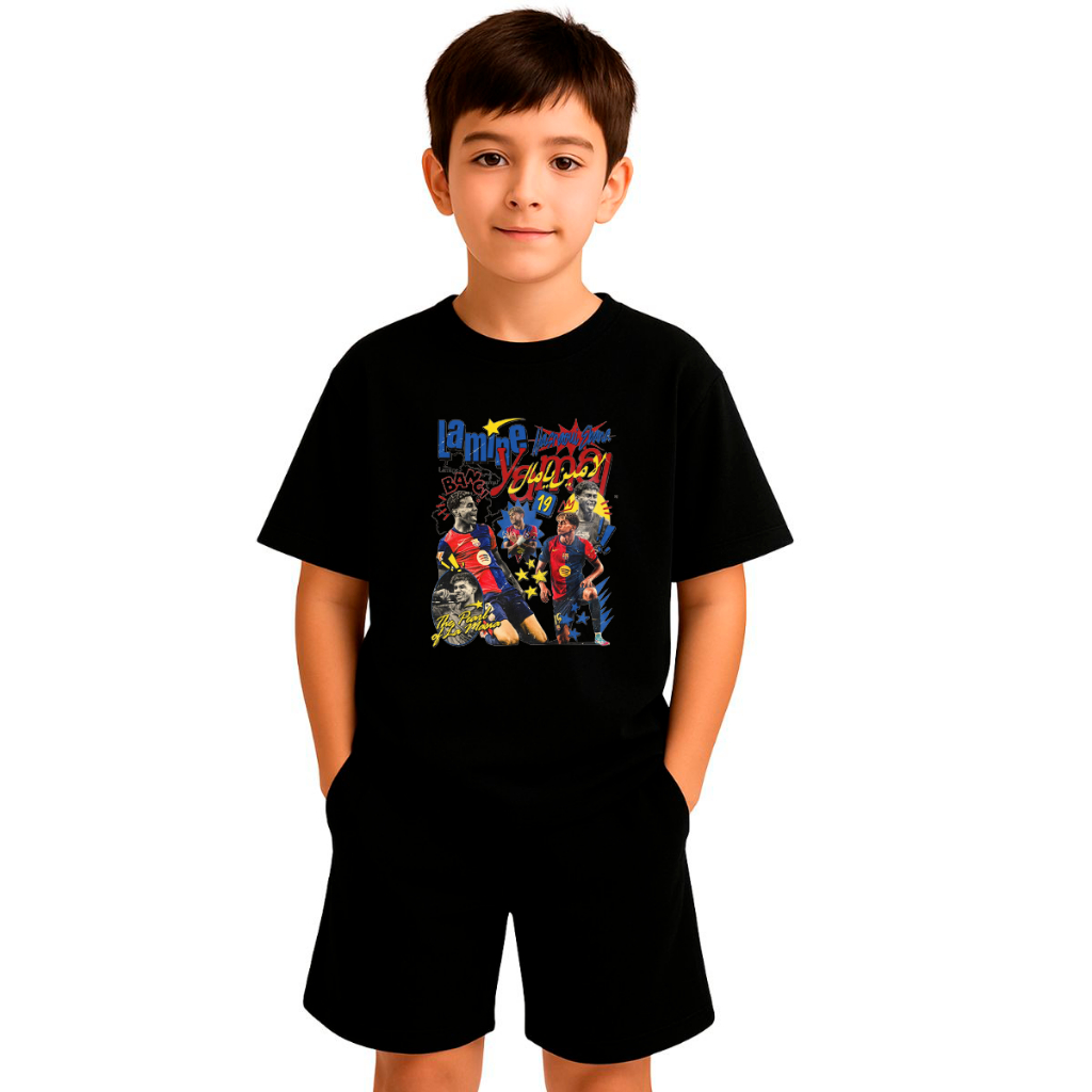 Kit Infantil 2 Peças Com 1 Camisa Camiseta e 1 Short Moletom Camiseta Lamine Yamal Barcelona Conjunto Infantil