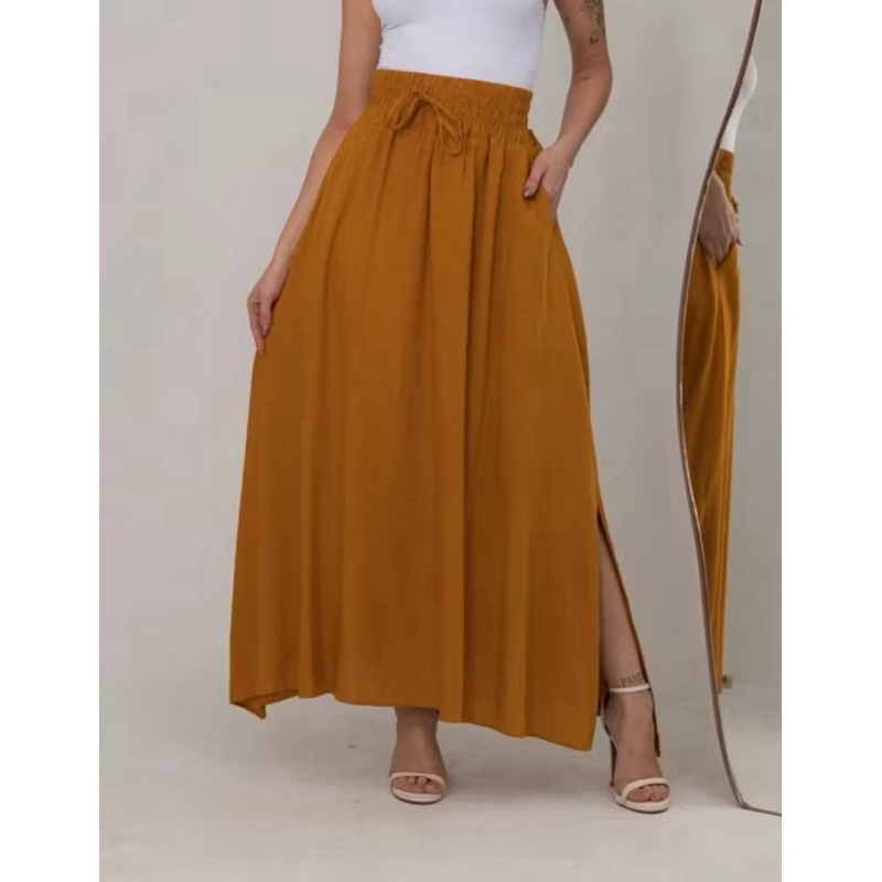 SAIA LONGA VISCOLINHO FEMININA COM BOLSOS COM FENDA LATERAL MODA EVANGÉLICA FORRADA MODA CASUAL CINTURA ALTA ELEGANTE