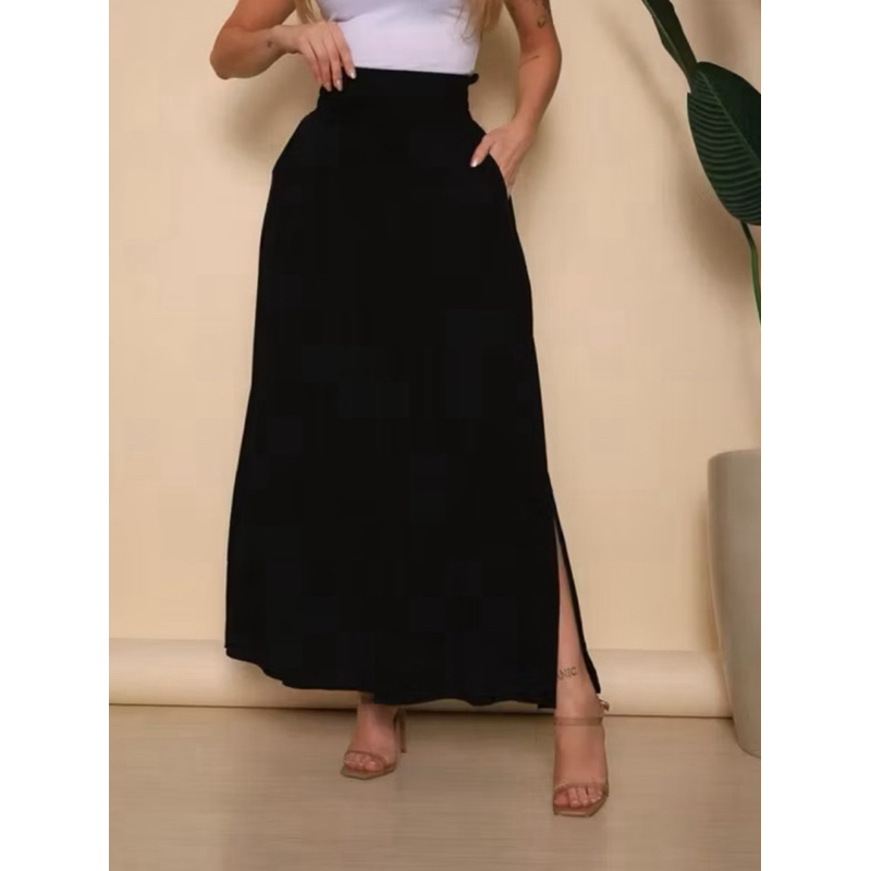 SAIA LONGA VISCOLINHO FEMININA COM BOLSOS COM FENDA LATERAL MODA EVANGÉLICA FORRADA MODA CASUAL CINTURA ALTA