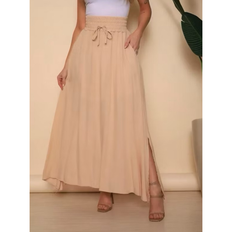 SAIA LONGA VISCOLINHO FEMININA COM BOLSOS COM FENDA LATERAL MODA EVANGÉLICA FORRADA MODA CASUAL CINTURA ALTA