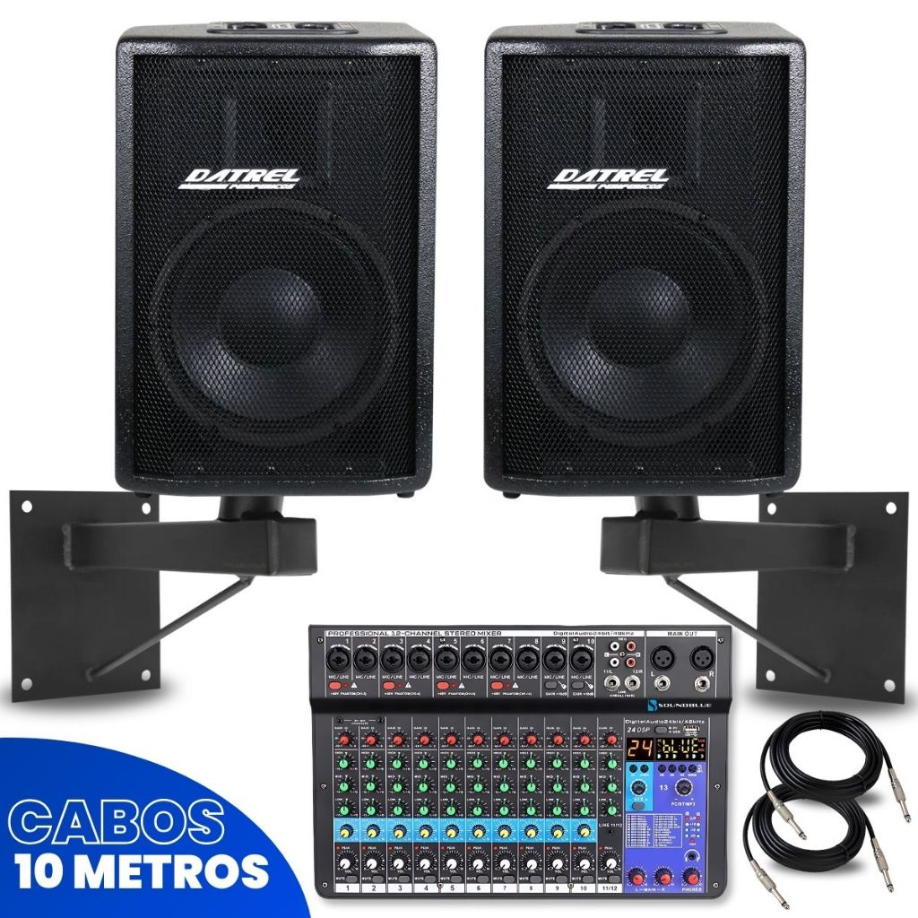 Kit 2 Caixas de Som 400W Ativa Passiva 10 + Mesa 12 Canais Profissional Bluetooth + 2 Suportes Parede + 2 Cabos P10