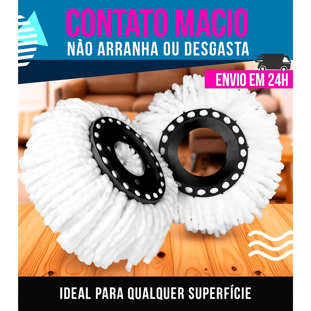Refil para Esfregão MOP 360 Lavável Giratório Reutilizável Microfibra 13 ou 9 Litros - KIT 2 Peças