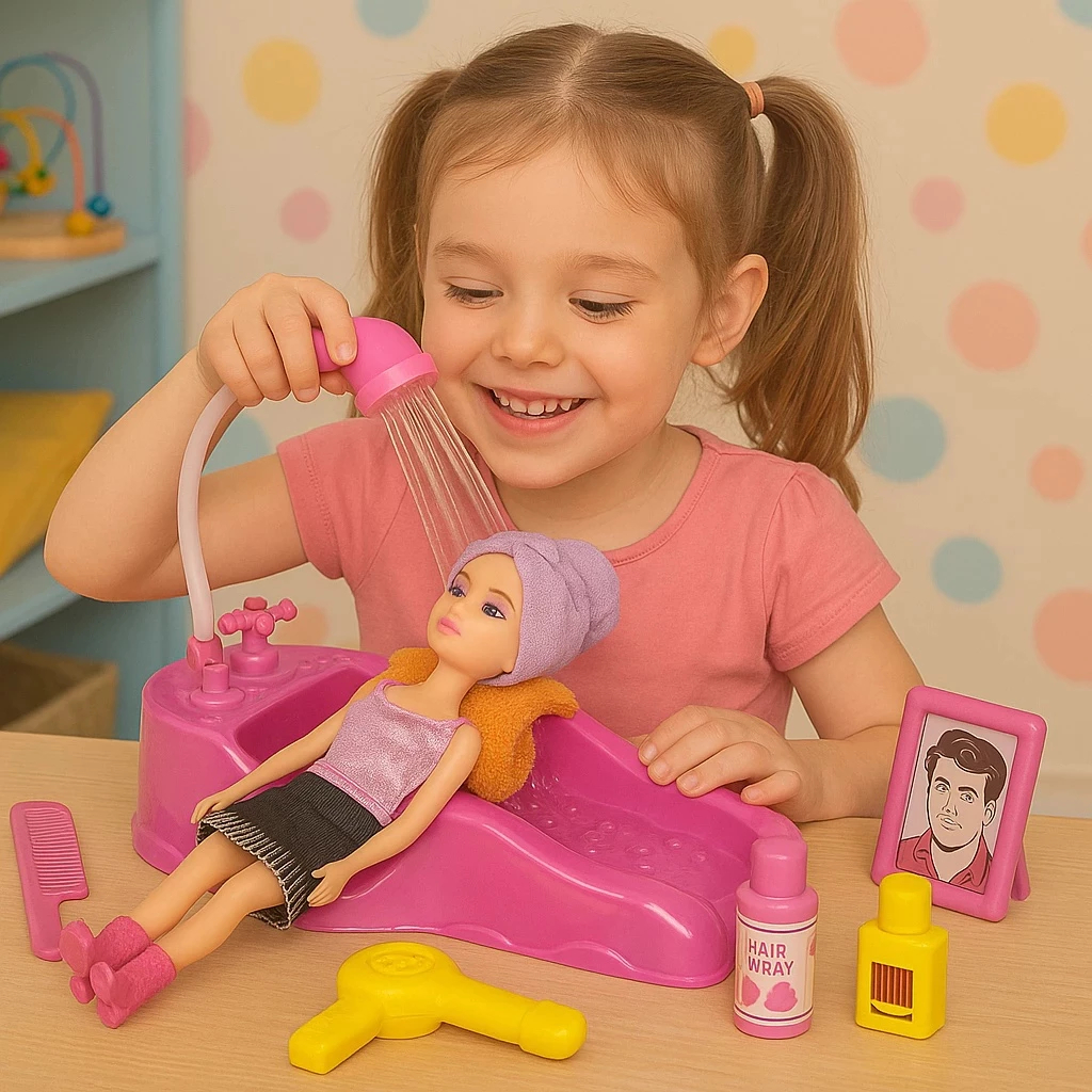 KIT LAVATÓRIO COM BONECA DE SALÃO CABELEREIRO - ROSA SAI AGUA DE VERDADE