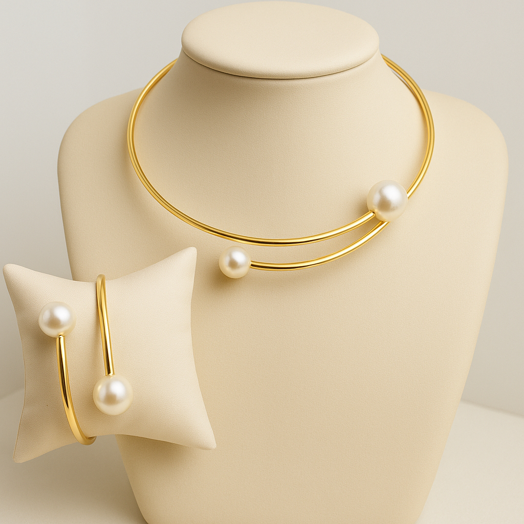 Choker e Pulseira com Perolas Folheado Dourado e Prata - Aro Ajustável