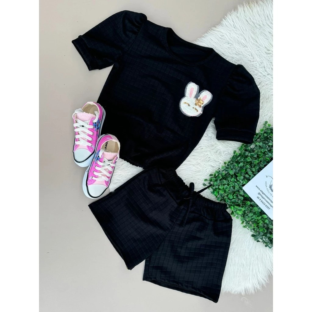 Conjunto verão infantil menina preto rosa e pink short + blusa manga blogueira tamanho 4 6 8 10