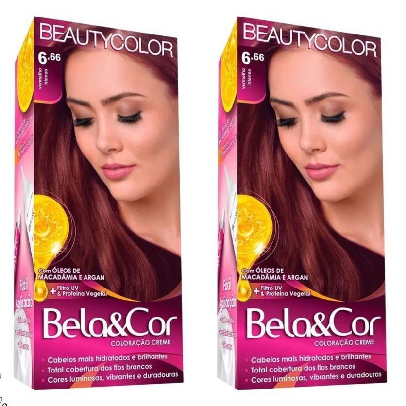 Kit 2 tinta de cabelo Coloração Bela e Cor Vermelho Intenso 6.66  Beauty Color Tintura Creme