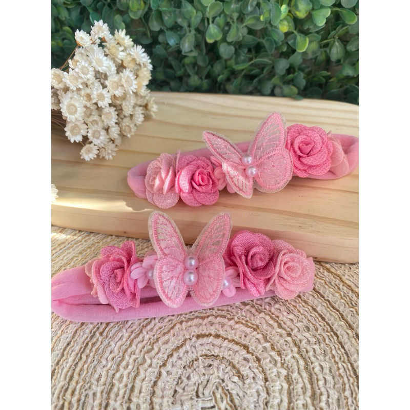 Tiara na faixa meia de seda jardim encantado borboleta para bebe