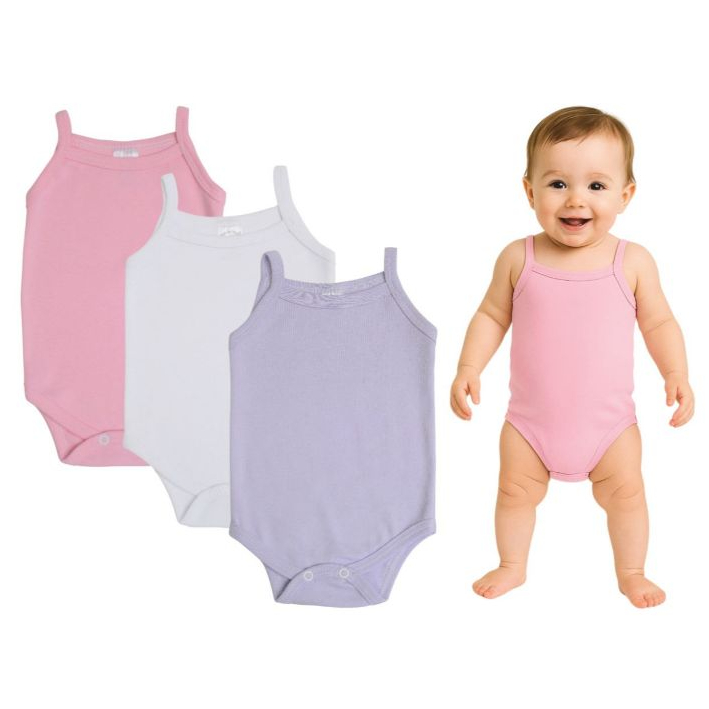 Kit C/ 3 Alcinha - Lilás/Branco/Rosa Bebê - Body Bebê - 100% Algodão