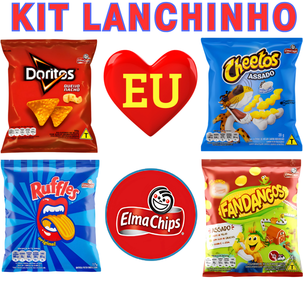 kit 20 salgadinhos Elma Chips Doritos Queijo Nacho, Ruffles Original, Cheetos Requeijão, Fandangos Milho Chips Promoção