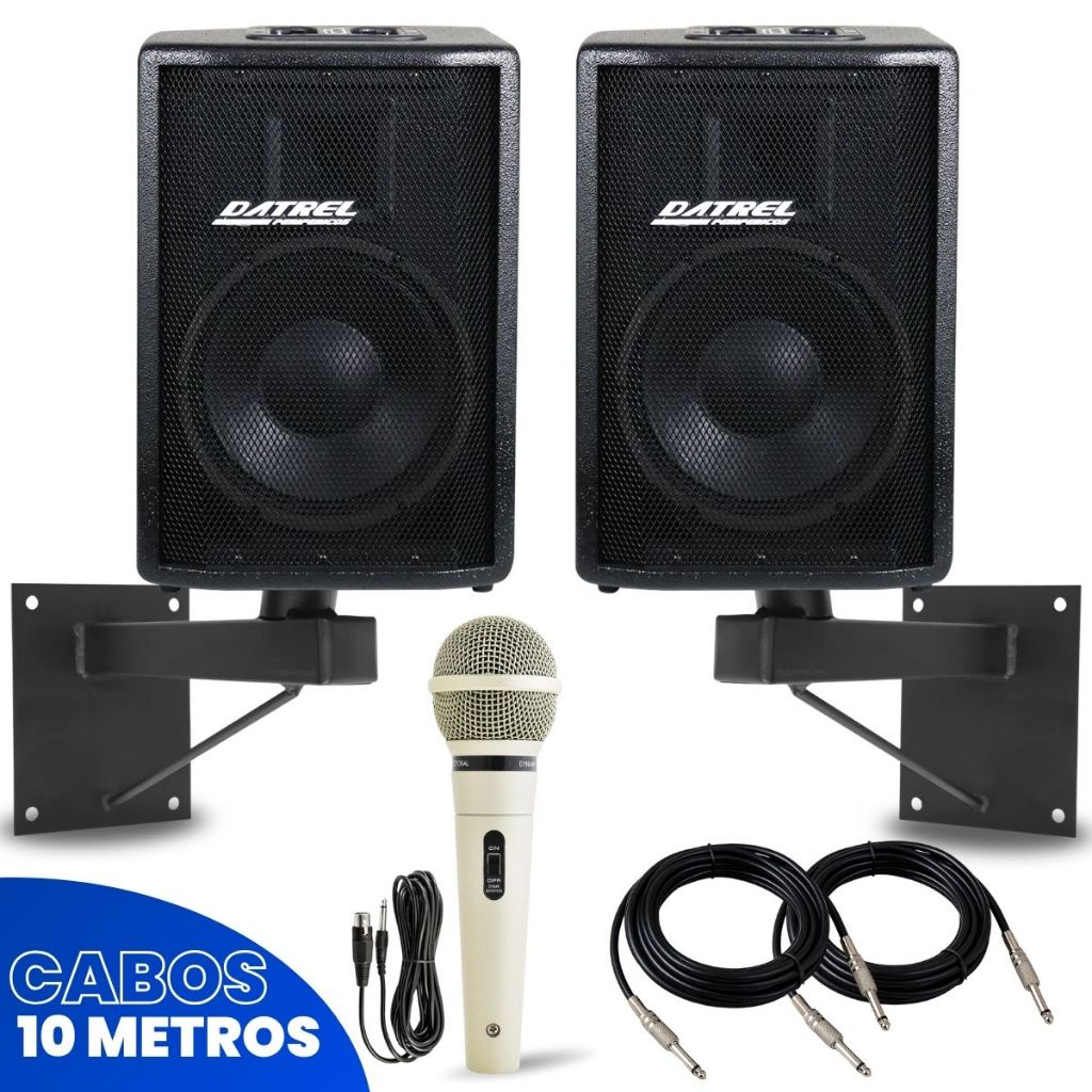 Kit 2 Caixas Som 400W Ativa Passiva 10 Bluetooth + Microfone c/ Fio + 2 Suportes de Parede + 2 Cabos P10 Profissional