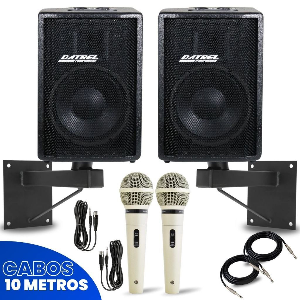 Kit 2 Caixas Som 400W Ativa Passiva 10 Bluetooth + 2 Microfones c/ Fio + 2 Suportes de Parede + 2 Cabos P10 Profissional