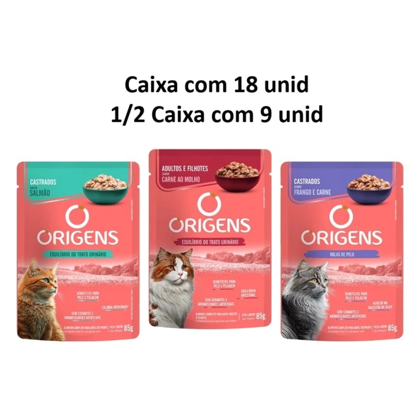 Sachês Origens Gato Petisco Premium Especial Cat Ração Úmida Caixa c/18un e 1/2 Caixa c/ 9 de 85g