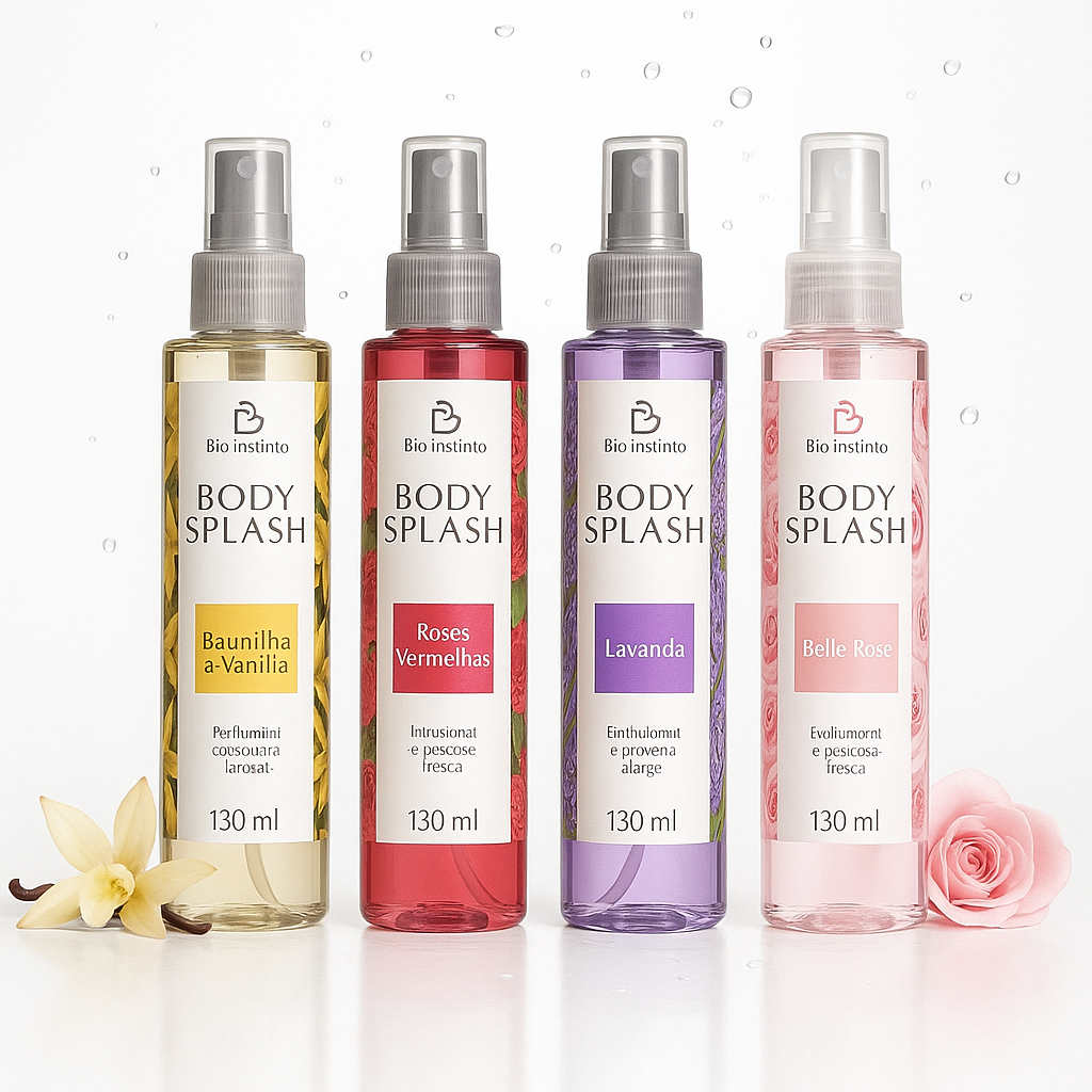 Kit 4 Body Splash 30ml – Vanilla, Morango, Ameixa e Belle Rose Perfume Corporal Fixação