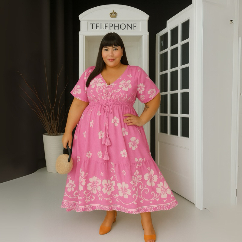 Vestido Plus Size Midi Viscolinho Premium Modelo soltinho com Mangas Amplas Do 48 ao 58 Curves