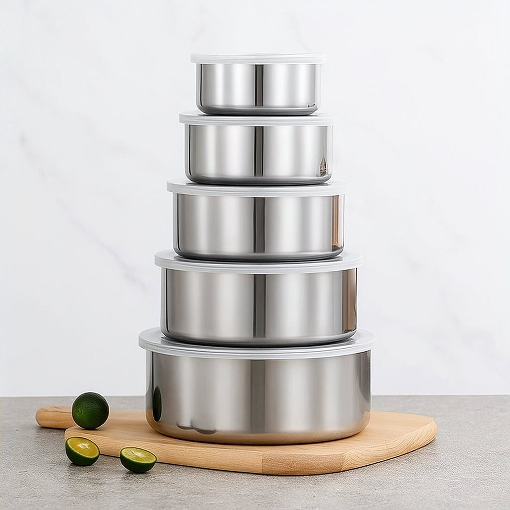 Jogo 5 Potes Tigelas em Inox Alumínio Com Tampa Redondo